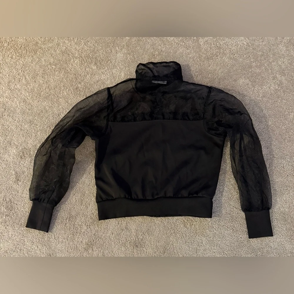 Zara Sheer Sleeve Tulle & Neoprene Bomber Jacket Black Rare Lightweight Sz S - Picture 8 of 10
